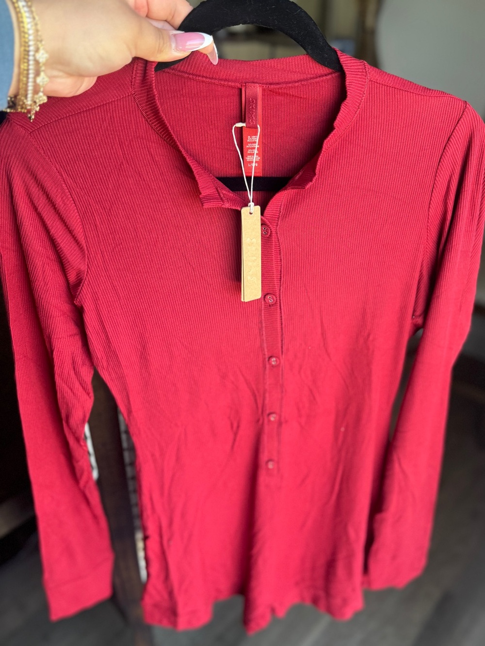 SKIMS Red Ribbed Soft Lounge Button Up Henley Romper